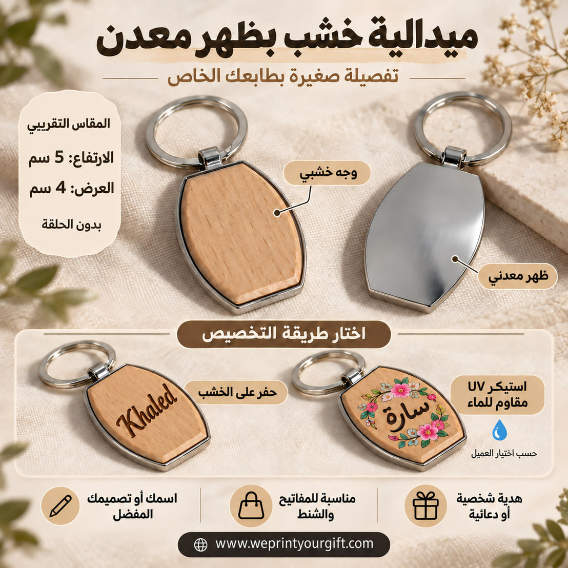 ميدالية مفاتيح من الخشب والمعدن - خيارات التخصيص