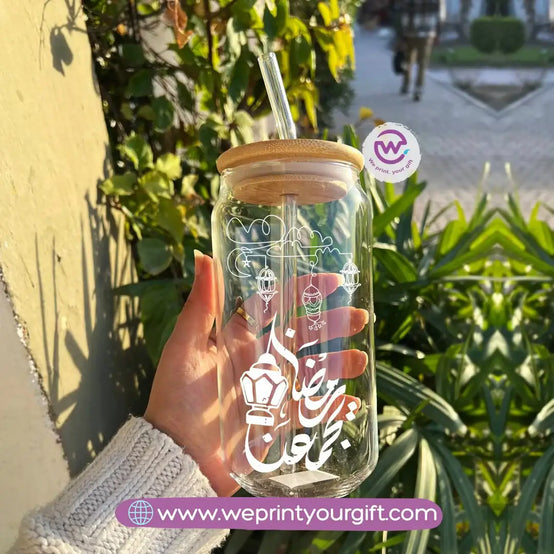 Round Glass Mug with Bamboo Lid & Glass Straw | Ramadan Night Design - WE PRINT