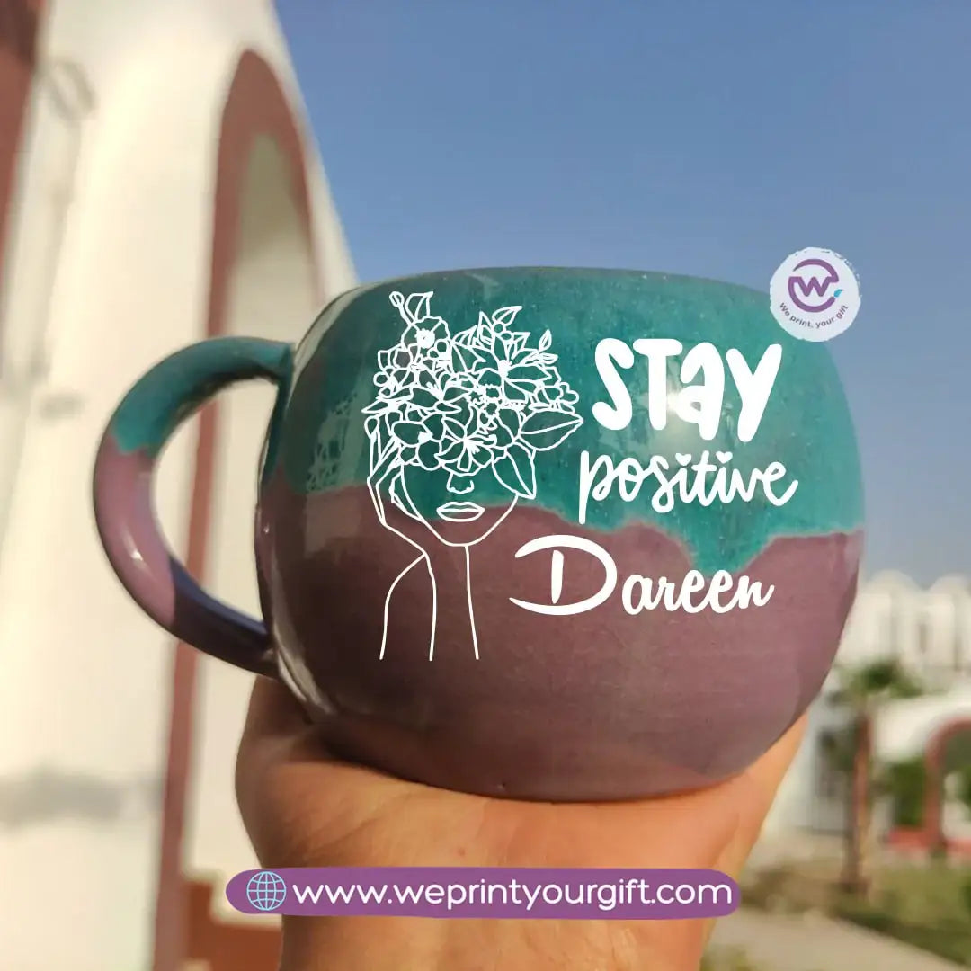 Turquoise & Purple Handmade Pottery Mug – 350 ml | Personalized One Line Art Names - WE PRINT