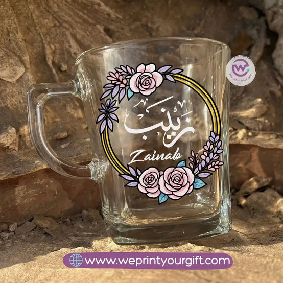 Personalized Floral Name Glass Tea Cup – 300 ml - WE PRINT