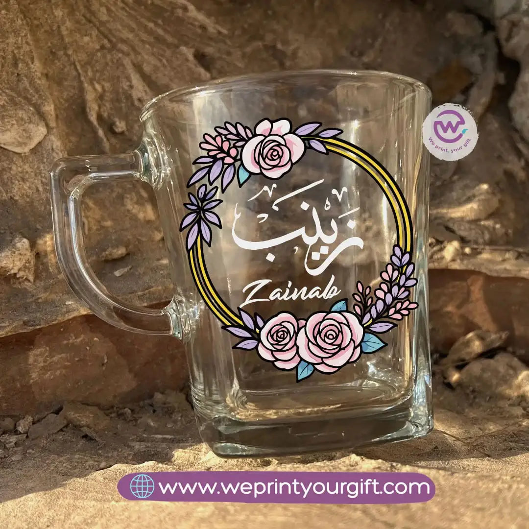 Personalized Floral Name Glass Tea Cup – 300 ml - WE PRINT