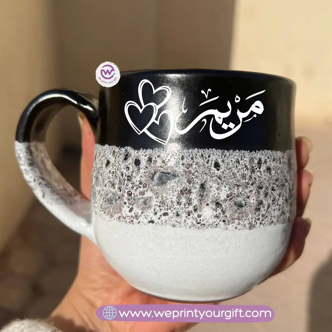 Black & White Handmade Pottery Mug – 350 ml | Arabic Name Line Art Design - WE PRINT
