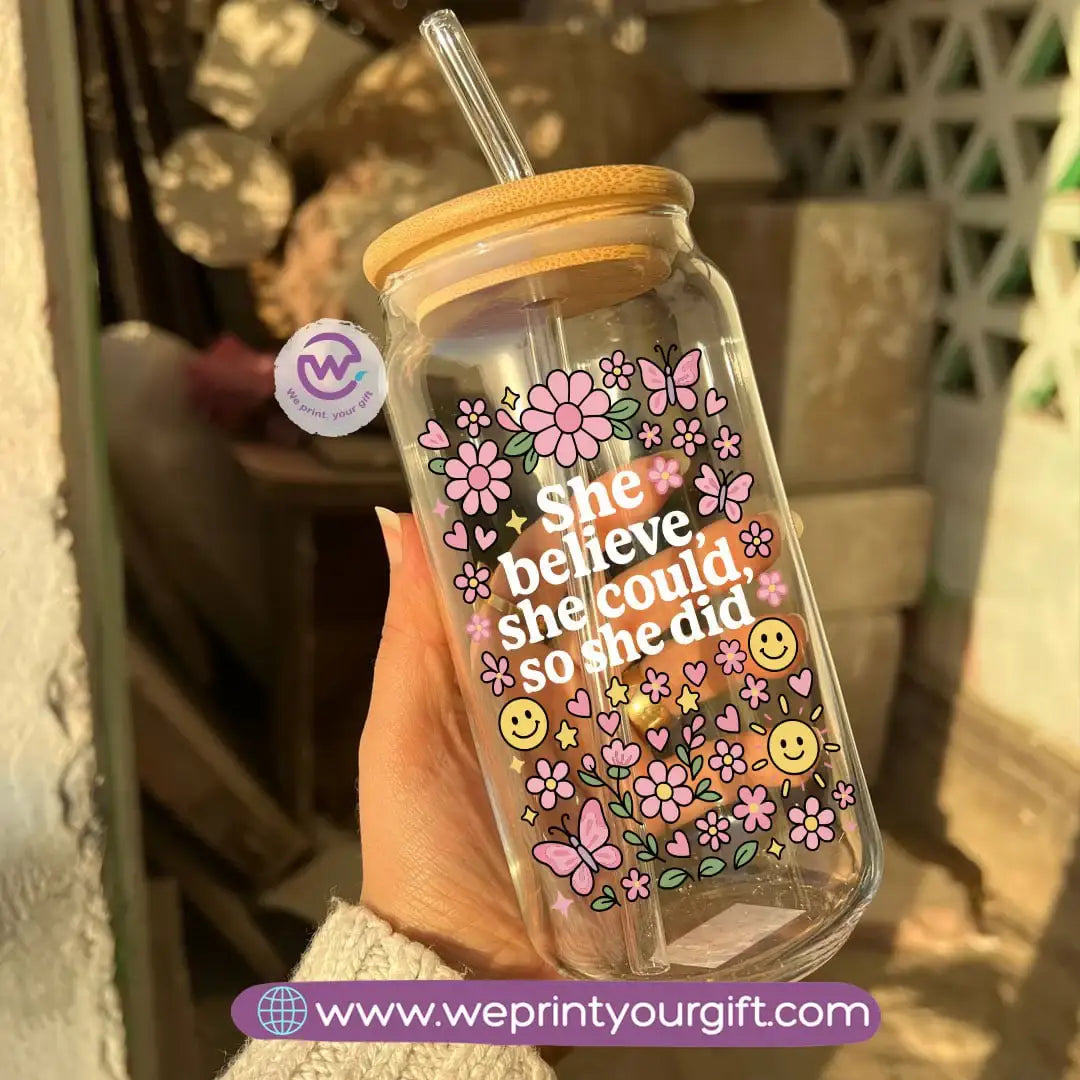 Round Glass Mug with Bamboo Lid & Glass Straw | Motivational Doodle Designs – 400 ml - WE PRINT