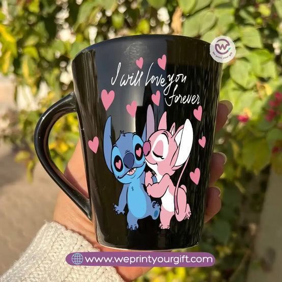 Stitch Valentine’s Edition Black Conical Porcelain Mug – 350 ml | UV Raised Sticker Printing - WE PRINT