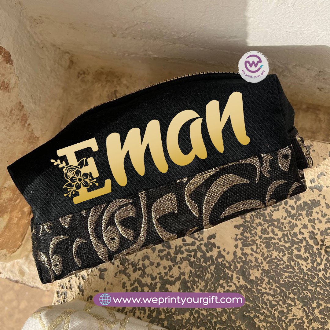 Islamic Pattern Golden Name Boxy Pouch – Personalized Cotton Makeup & Pencil Case