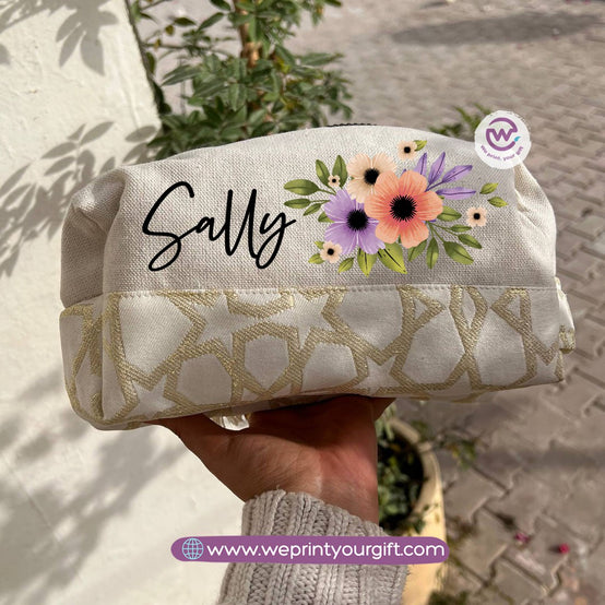 Islamic Pattern Floral Name Boxy Pouch – Personalized Cotton Makeup & Pencil Case