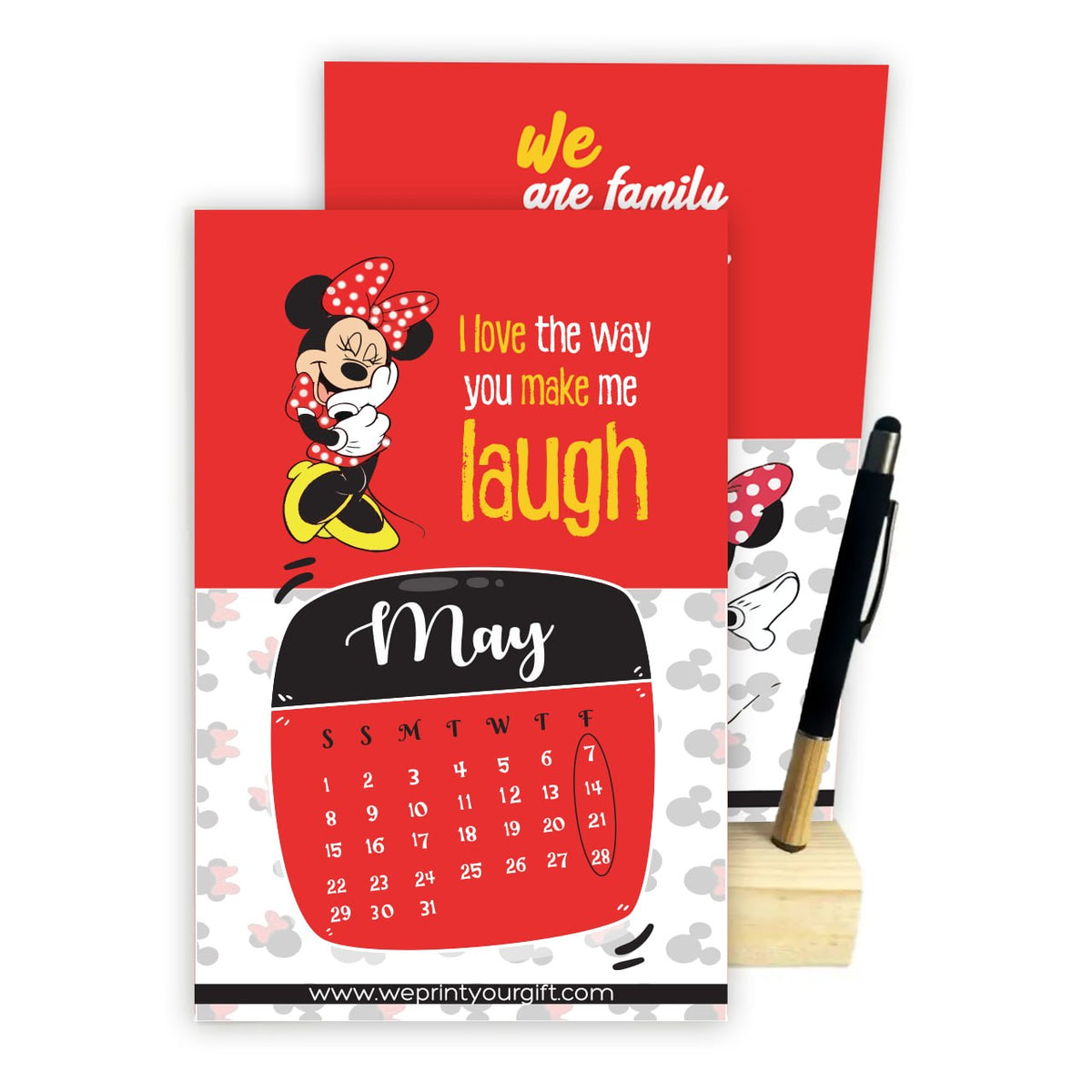 MINNIE MOUSE 2027 Desk Calendar – Cute Monthly Designs with Wooden Stand & Bamboo Touch Pen