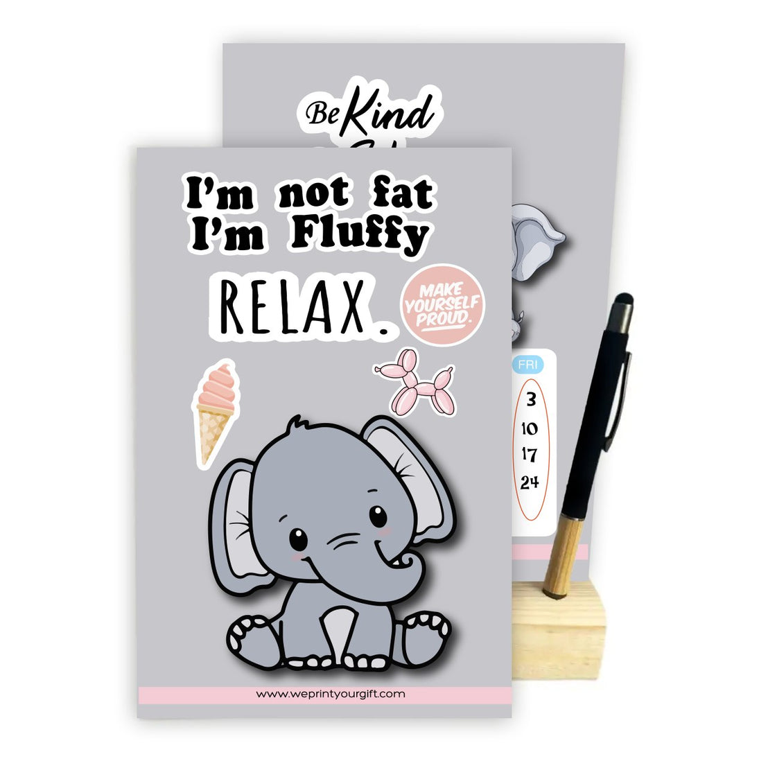Cute Elephant 2027 Desk Calendar with Wooden Stand & Bamboo Stylus Pen – Inspirational Collection