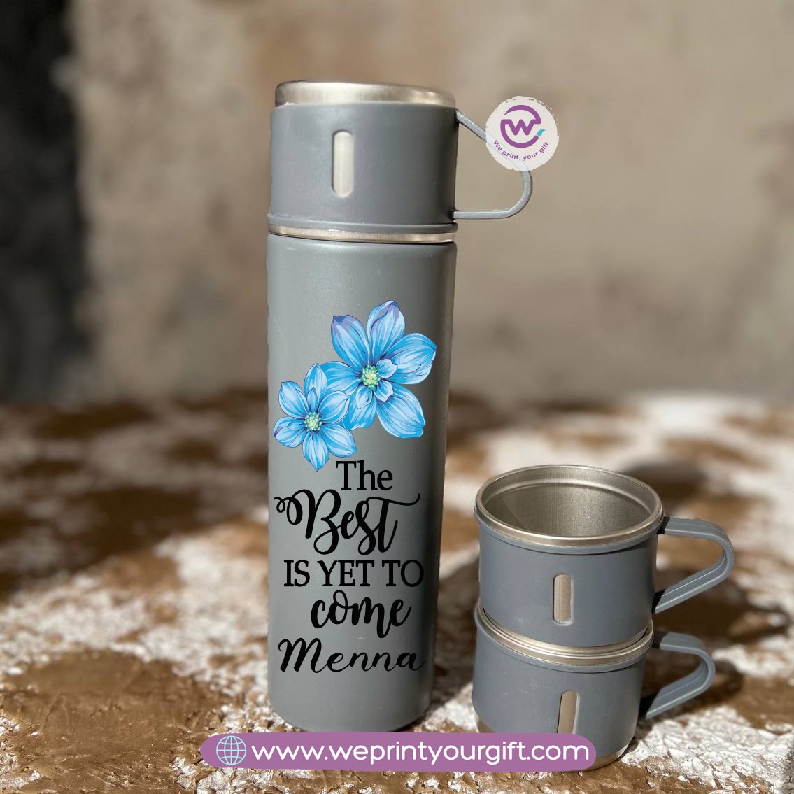 Floral Name Thermal Flask with Two Extra Cups – 500ml