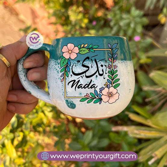 Green & White Handmade Pottery Mug with Floral Name Design - WE PRINT