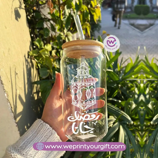 Round Glass Mug with Bamboo Lid & Glass Straw | Ramadan Night Design - WE PRINT