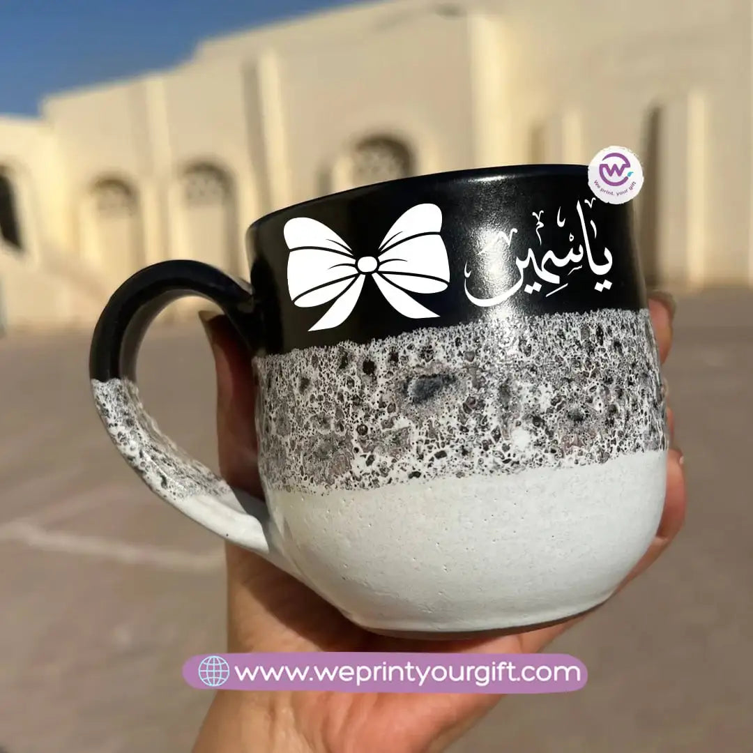 Black & White Handmade Pottery Mug – 350 ml | Arabic Name Line Art Design - WE PRINT
