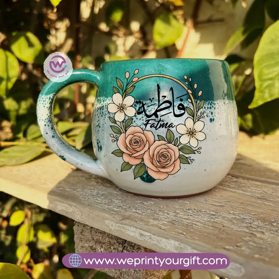 Green & White Handmade Pottery Mug with Floral Name Design - WE PRINT