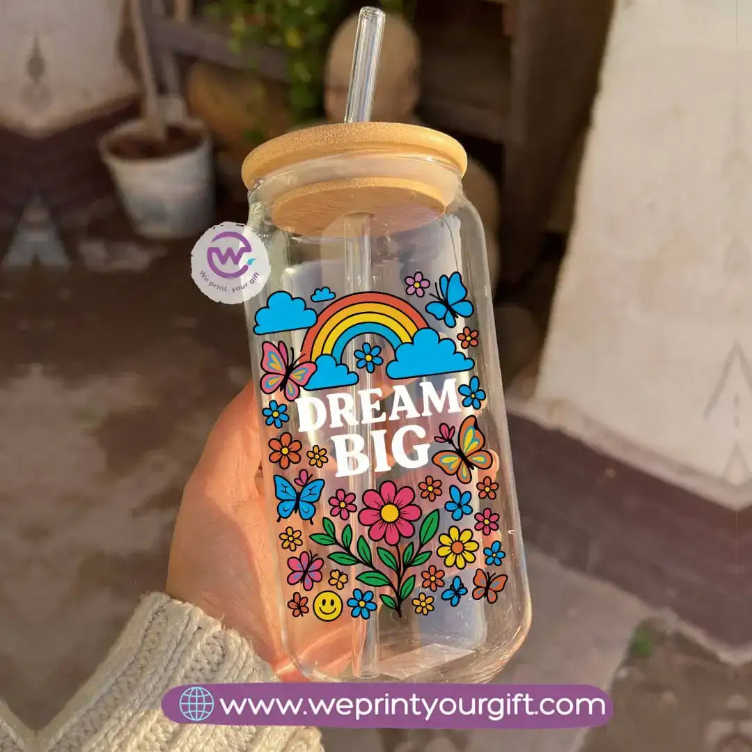 Round Glass Mug with Bamboo Lid & Glass Straw - Customization options - WE PRINT