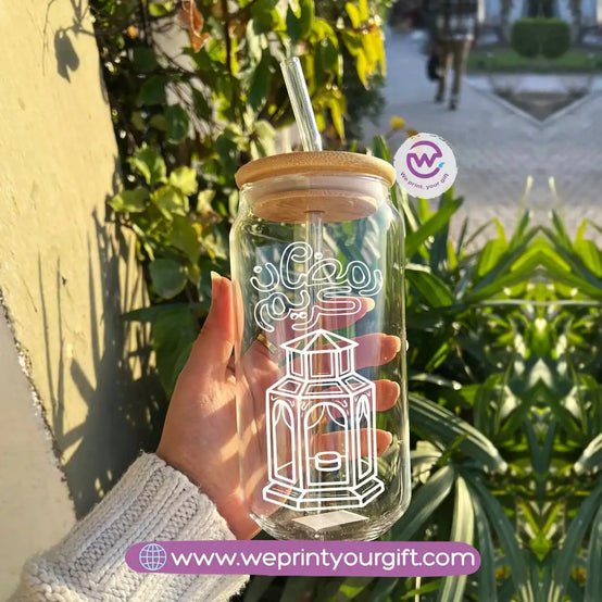 Round Glass Mug with Bamboo Lid & Glass Straw | Ramadan Night Design - WE PRINT