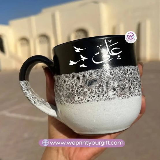 Black & White Handmade Pottery Mug – 350 ml | Arabic Name Line Art Design - WE PRINT