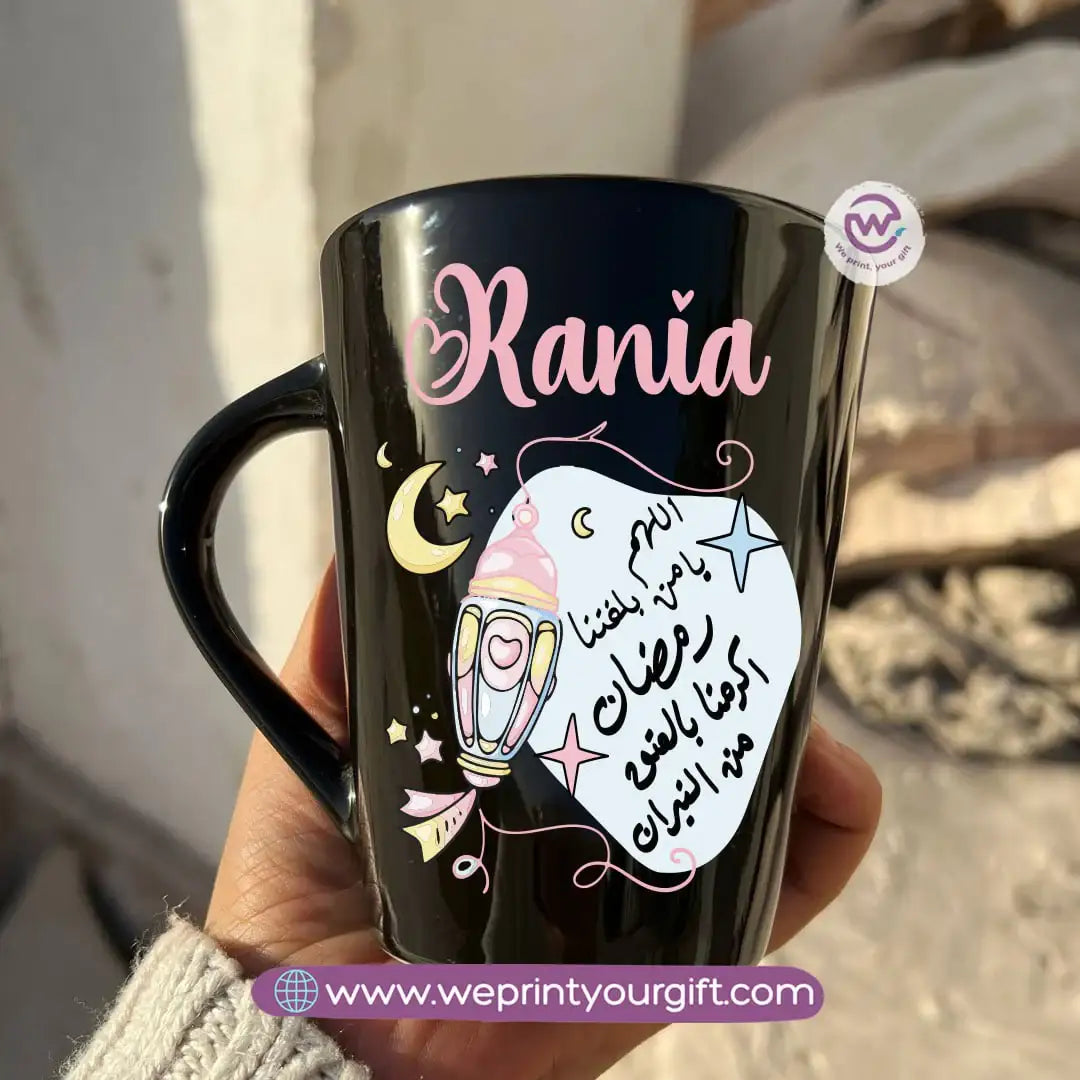 Ramadan Edition Black Conical Porcelain Mug – 350 ml | Islamic Digital Art Designs | UV Raised Sticker Printing - WE PRINT