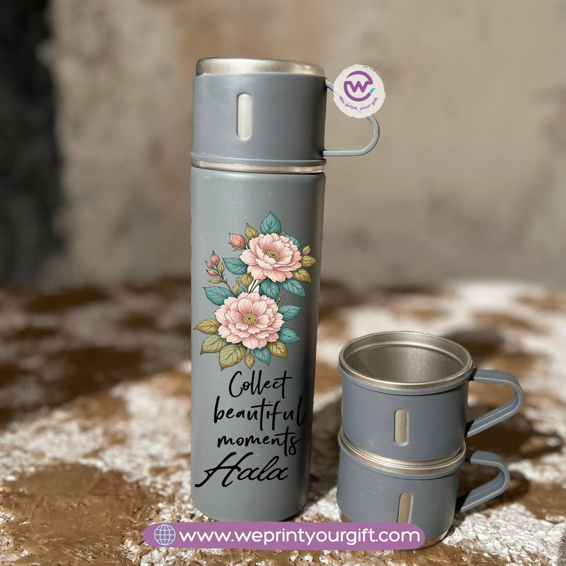 Floral Name Thermal Flask with Two Extra Cups – 500ml