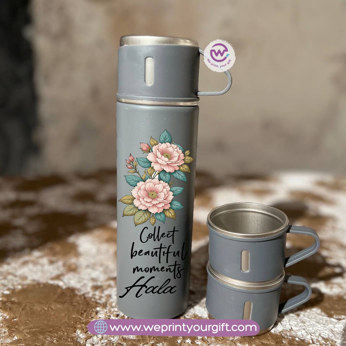 Floral Name Thermal Flask with Two Extra Cups – 500ml