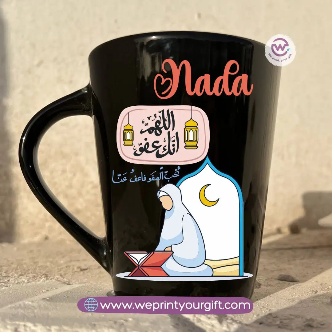 Ramadan Edition Black Conical Porcelain Mug – 350 ml | Islamic Digital Art Designs | UV Raised Sticker Printing - WE PRINT