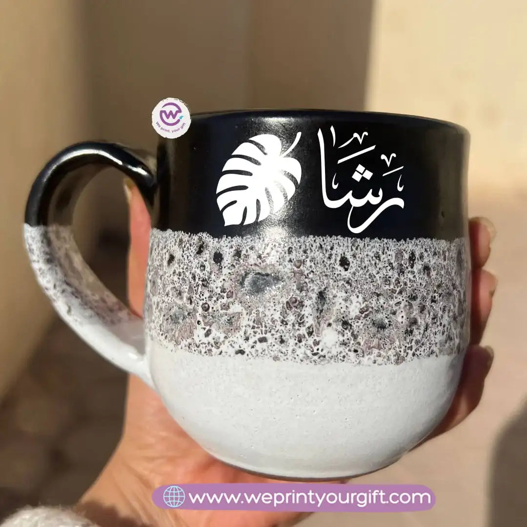 Black & White Handmade Pottery Mug – 350 ml | Arabic Name Line Art Design - WE PRINT
