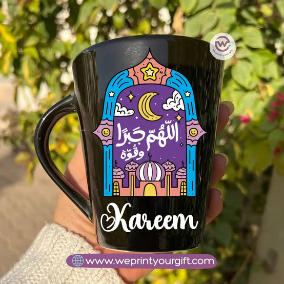 Ramadan Edition Black Conical Porcelain Mug – 350 ml | Islamic Digital Art Designs | UV Raised Sticker Printing - WE PRINT