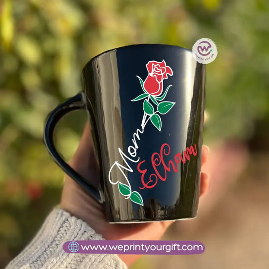 Mother’s Day Edition Black Conical Porcelain Mug – 350 ml | Elegant Love Designs | UV Raised Sticker Printing - WE PRINT