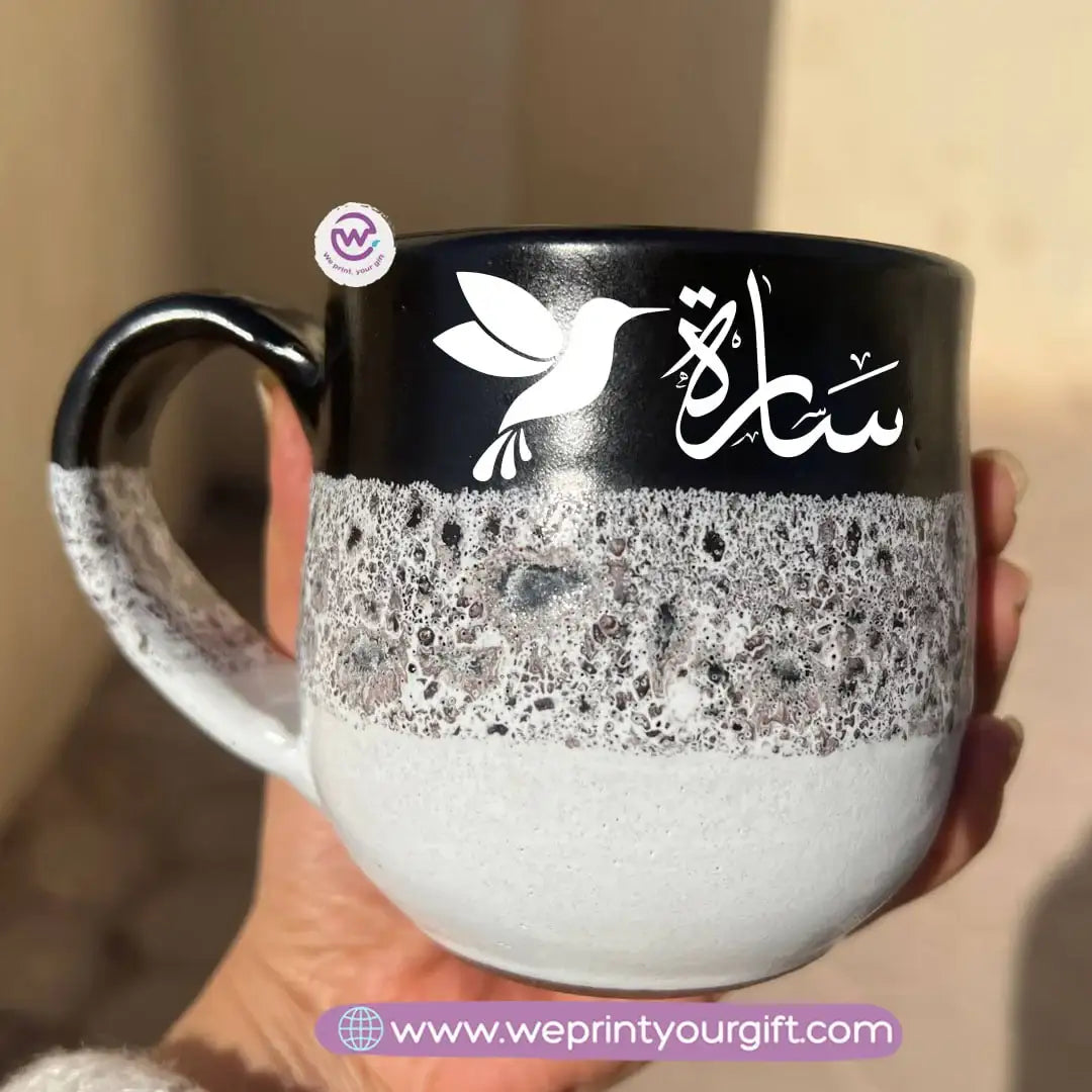 Black & White Handmade Pottery Mug – 350 ml | Arabic Name Line Art Design - WE PRINT
