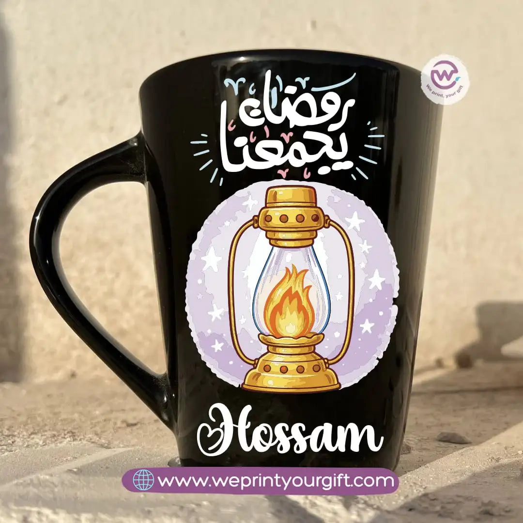 Ramadan Edition Black Conical Porcelain Mug – 350 ml | Islamic Digital Art Designs | UV Raised Sticker Printing - WE PRINT