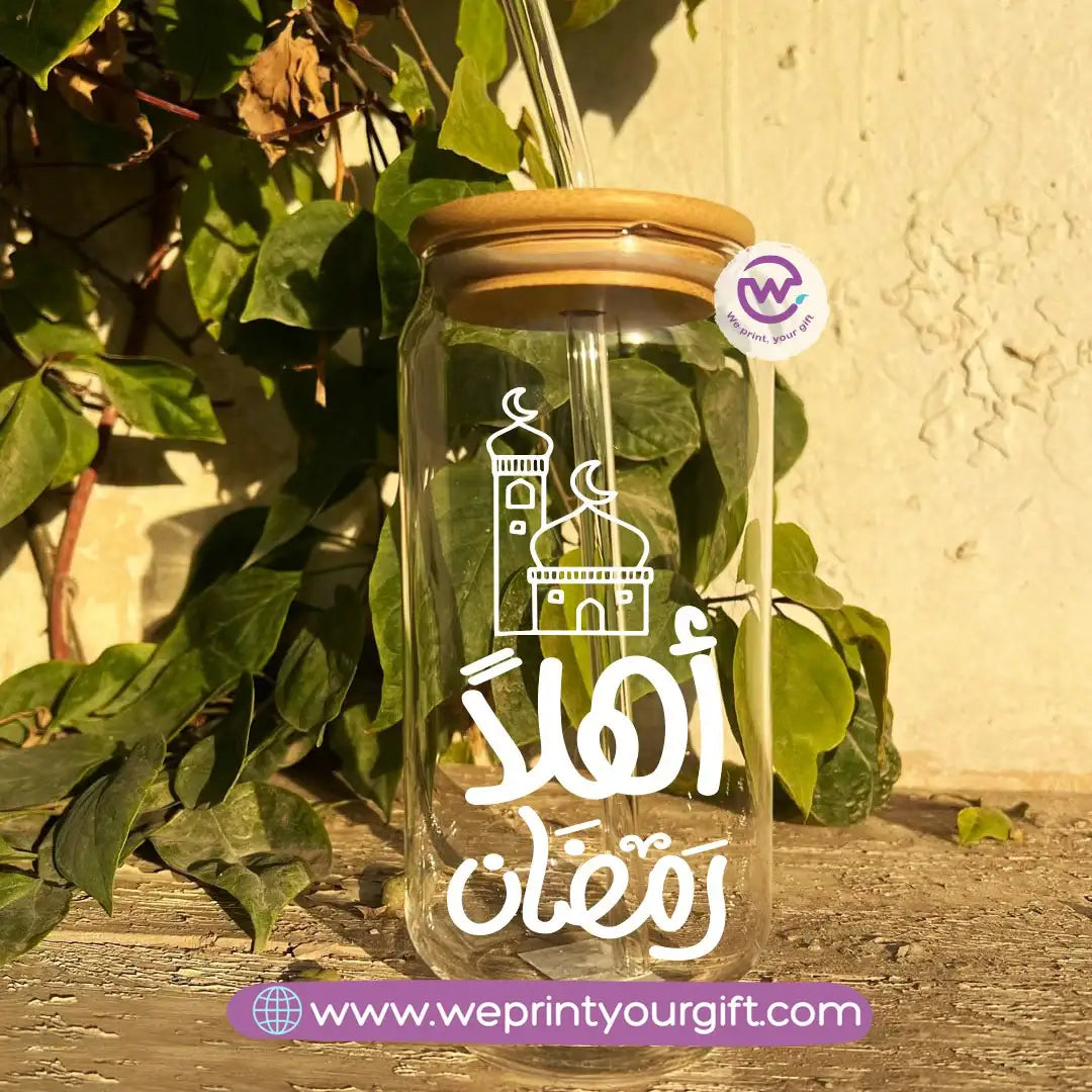 Round Glass Mug with Bamboo Lid & Glass Straw | Ramadan Night Design - WE PRINT