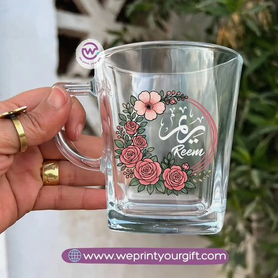 Personalized Floral Name Glass Tea Cup – 300 ml - WE PRINT
