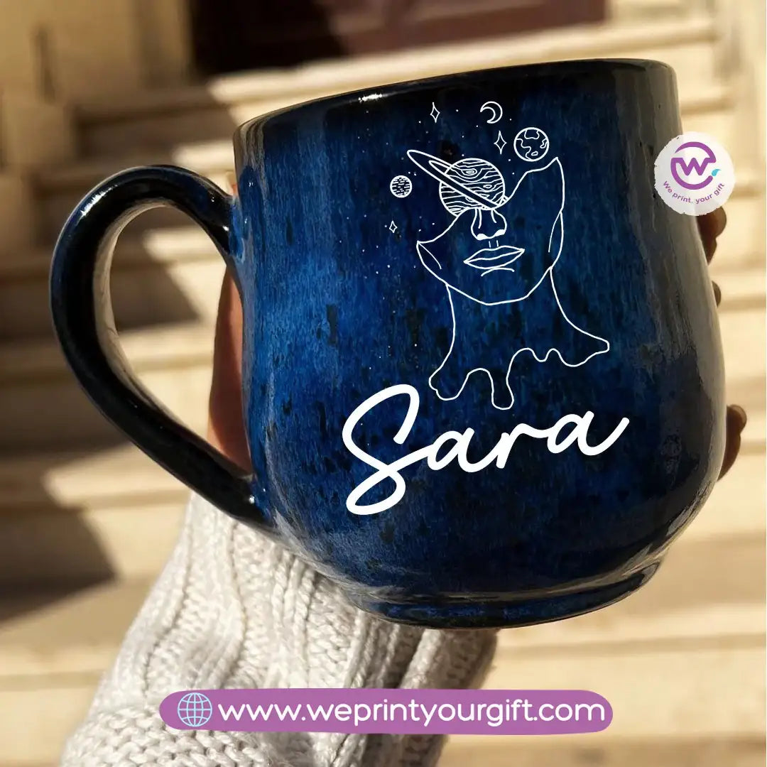 Dark Blue Handmade Pottery Mug – 350 ml | Personalized Name & Line Art Designs - WE PRINT
