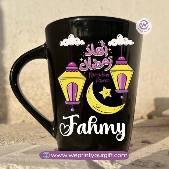 Ramadan Edition Black Conical Porcelain Mug – 350 ml | Islamic Digital Art Designs | UV Raised Sticker Printing - WE PRINT