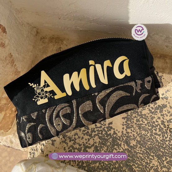 Islamic Pattern Golden Name Boxy Pouch – Personalized Cotton Makeup & Pencil Case