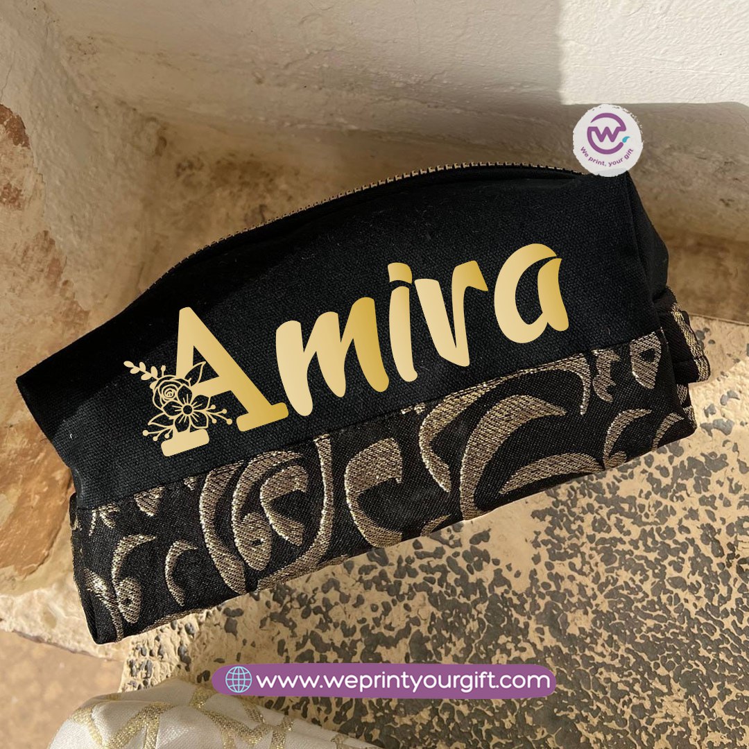 Islamic Pattern Golden Name Boxy Pouch – Personalized Cotton Makeup & Pencil Case