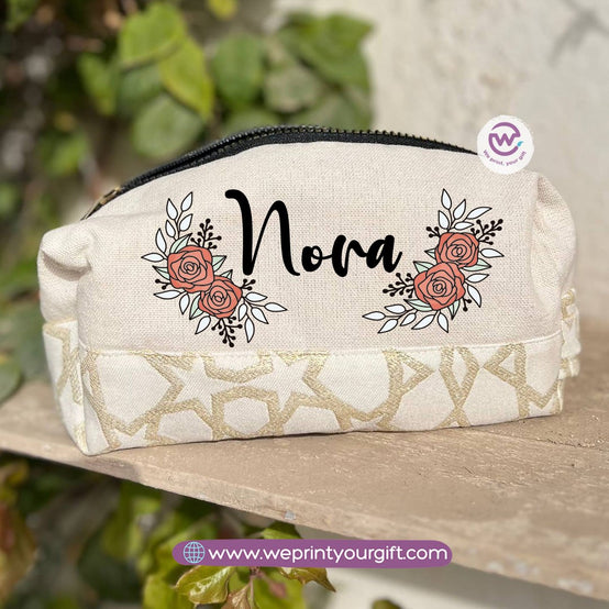 Islamic Pattern Floral Name Boxy Pouch – Personalized Cotton Makeup & Pencil Case