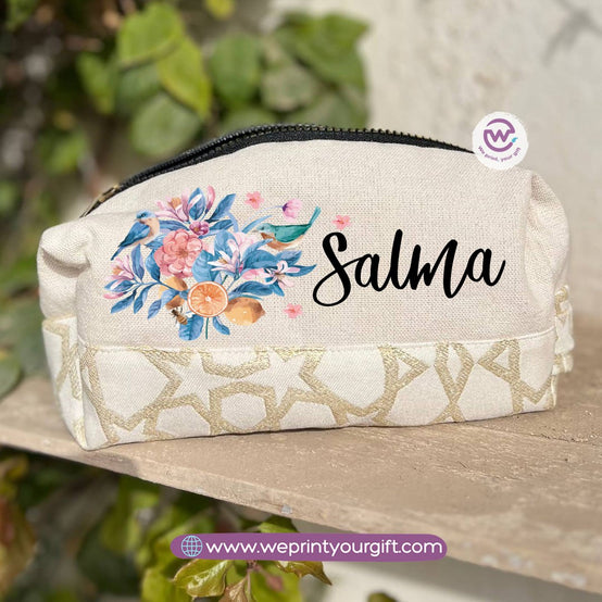 Islamic Pattern Floral Name Boxy Pouch – Personalized Cotton Makeup & Pencil Case