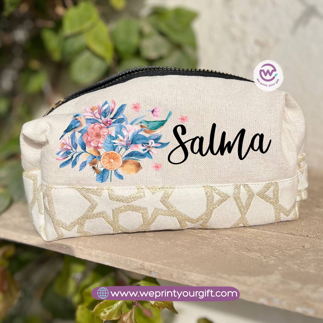 Islamic Pattern Floral Name Boxy Pouch – Personalized Cotton Makeup & Pencil Case