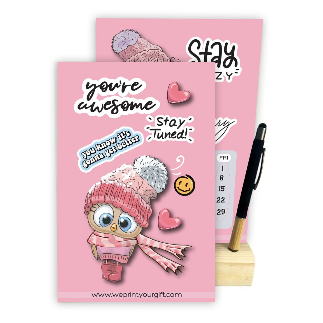 Cute Owl 2027 Desk Calendar with Wooden Stand & Bamboo Stylus Pen – Pink Motivational Collection