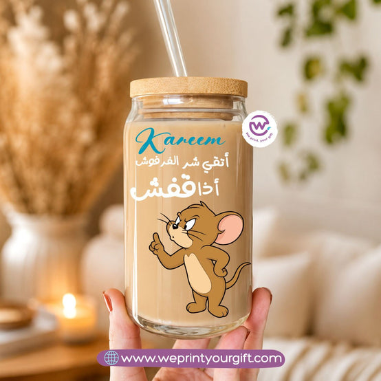 Funny Cartoon Designs Glass Cup with Bamboo Lid & Reusable Glass Straw