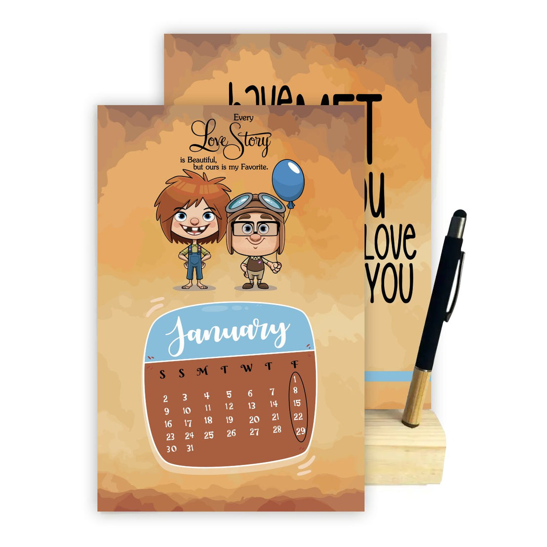2027 Desk Calendar – Love & Balloon Adventure | Romantic Cartoon Design with Wooden Stand & Bamboo Touch Pen