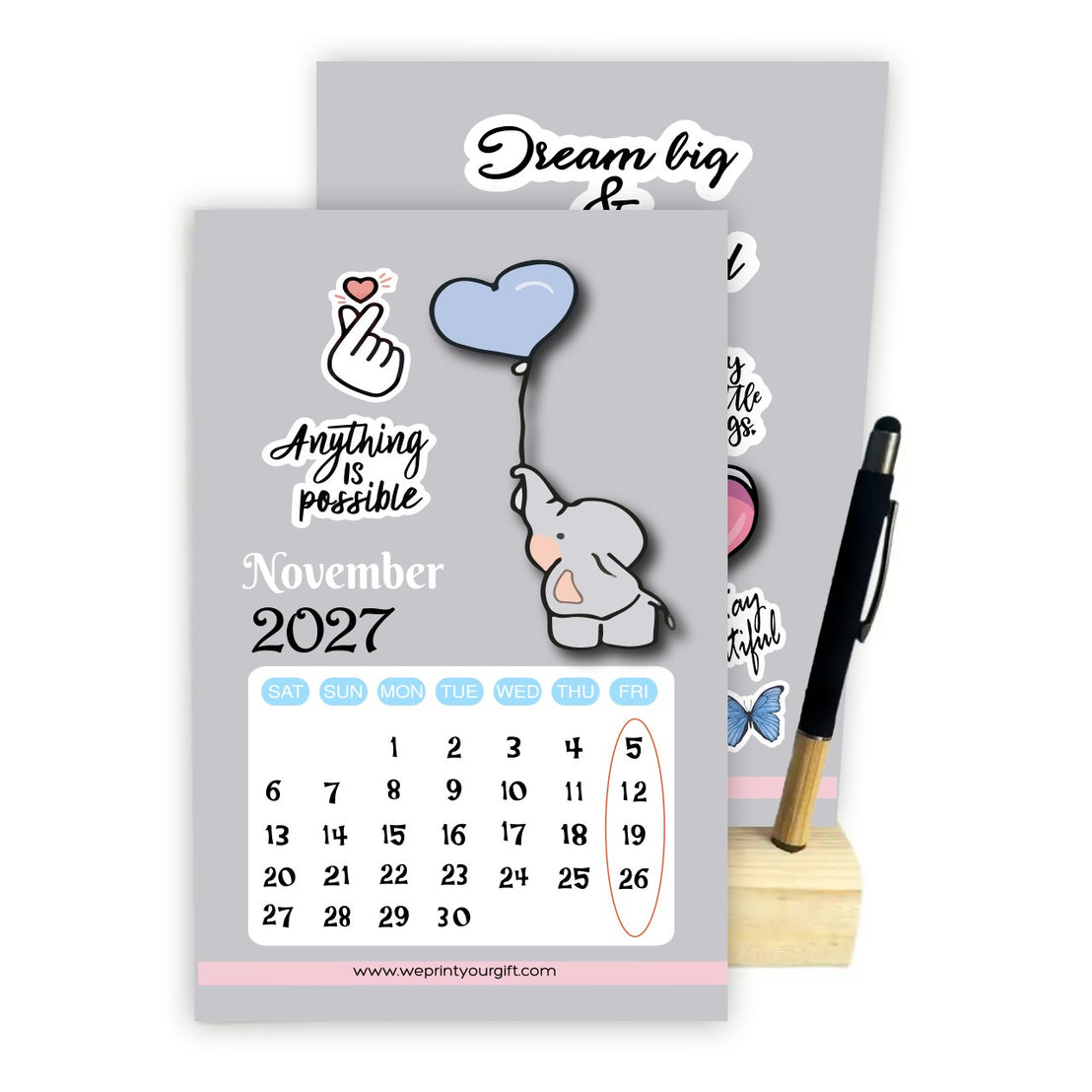 Cute Elephant 2027 Desk Calendar with Wooden Stand & Bamboo Stylus Pen – Inspirational Collection