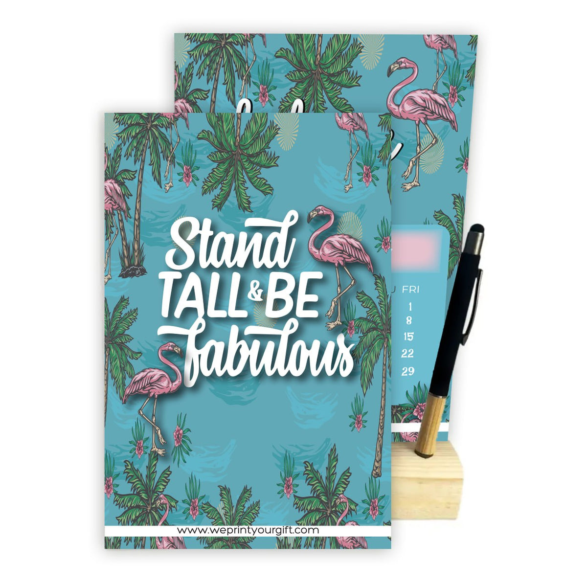 2027 Tropical Flamingo Desk Calendar – A5 Monthly Motivational Calendar with Wooden Stand & Bamboo Touch Pen