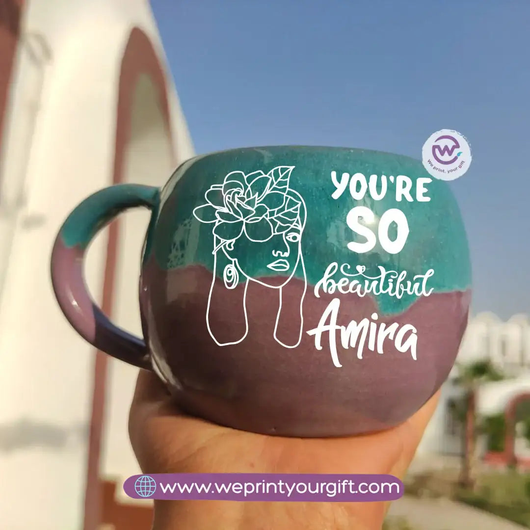 Turquoise & Purple Handmade Pottery Mug – 350 ml | Personalized One Line Art Names - WE PRINT