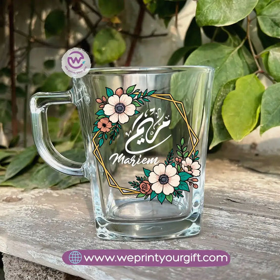 Personalized Floral Name Glass Tea Cup – 300 ml - WE PRINT