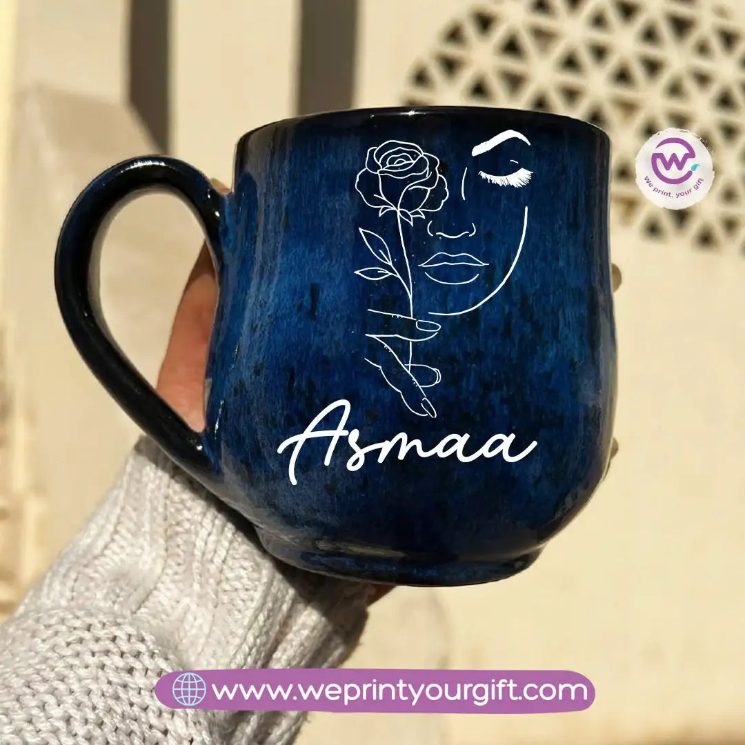 Dark Blue Handmade Pottery Mug – 350 ml | Personalized Name & Line Art Designs - WE PRINT