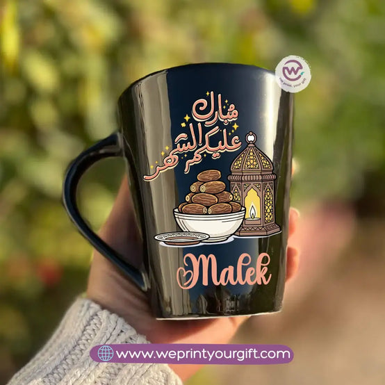 Ramadan Edition Black Conical Porcelain Mug – 350 ml | Islamic Digital Art Designs | UV Raised Sticker Printing - WE PRINT