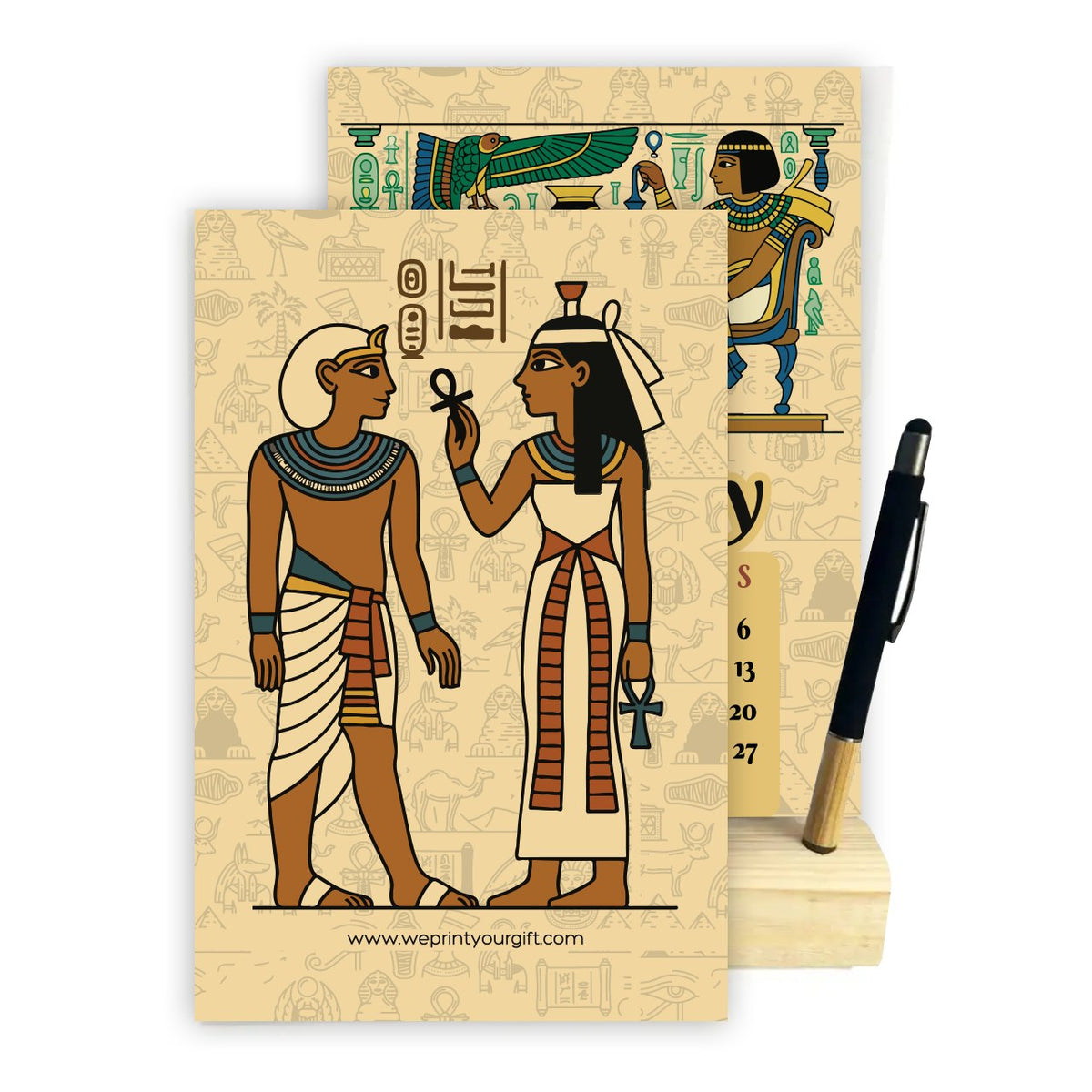 2027 Ancient Egyptian Desk Calendar – Pharaonic Art Collection | Wooden Stand & Bamboo Touch Pen