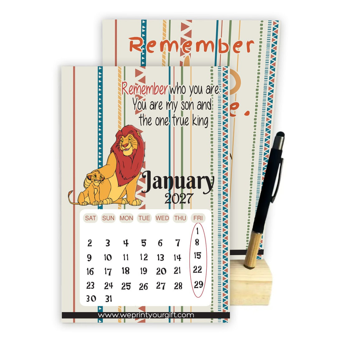 THE LION KING 2027 Desk Calendar – Inspirational Monthly Designs with Wooden Stand & Bamboo Touch Pen