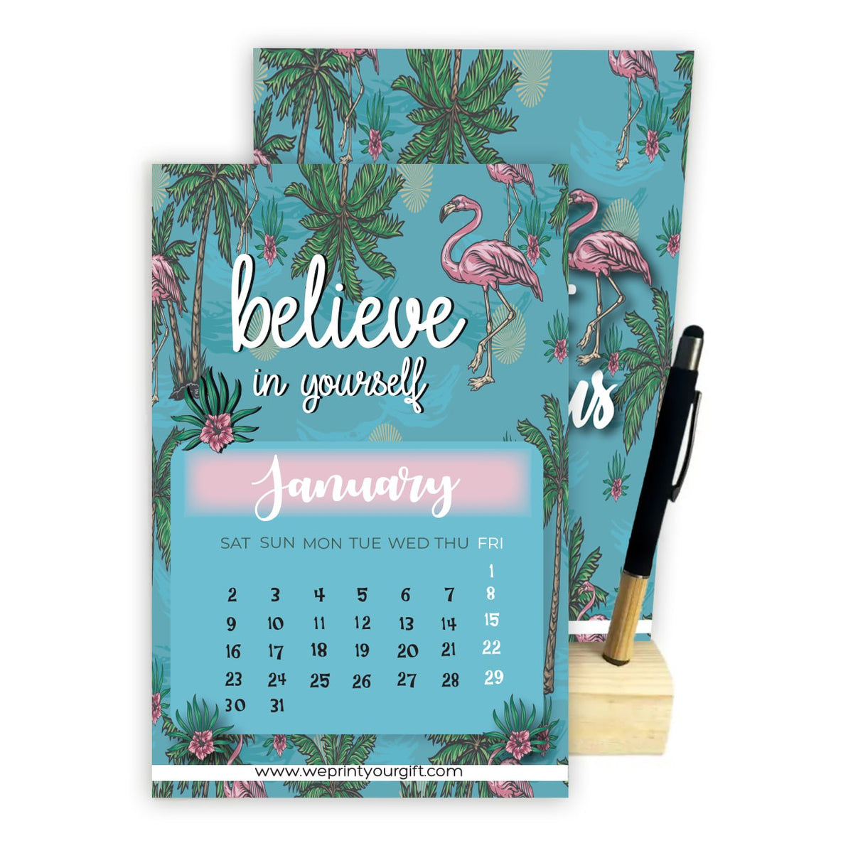 2027 Tropical Flamingo Desk Calendar – A5 Monthly Motivational Calendar with Wooden Stand & Bamboo Touch Pen